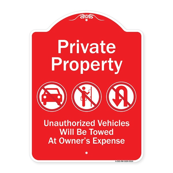 Signmission Private Property Unauthorized Vehicles Towed No Cars No Solicitors No Turn Around Sym, RW-1824-9914 A-DES-RW-1824-9914 - main